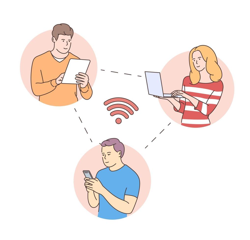 rostros de jóvenes, concepto de comunicaciones de redes sociales en línea. hombre y mujer con tableta teléfono portátil. contenido y humanos conectados a través del chat. vector