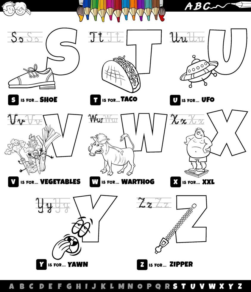 Conjunto de alfabeto de dibujos animados educativos de la sa la z página de libro de color vector