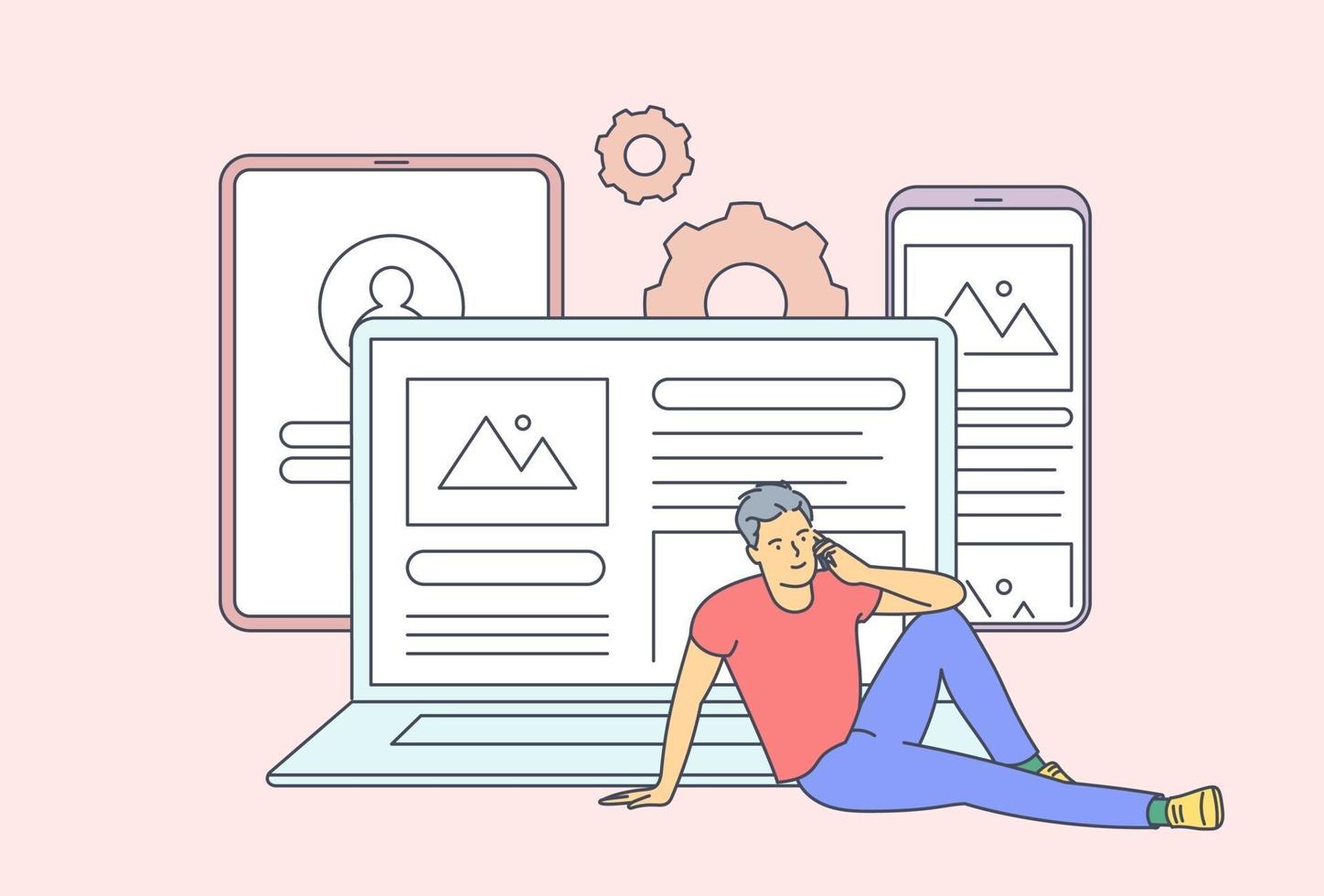 Technologies, addiction to internet, relaxing concept. Young man boy using multiple devices. vector