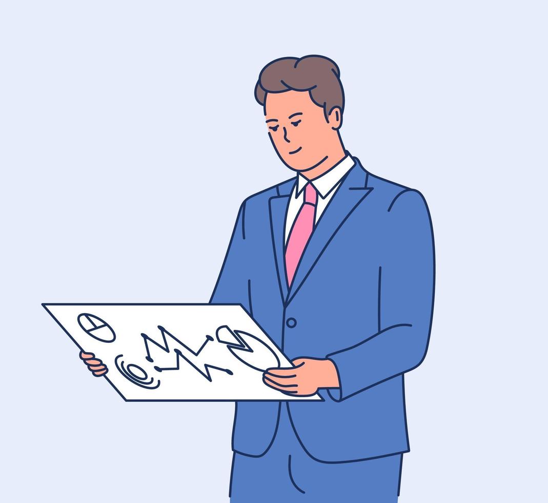 Data information business concept. Young Smart business man analyzing data information on screen. Flat vector illustration