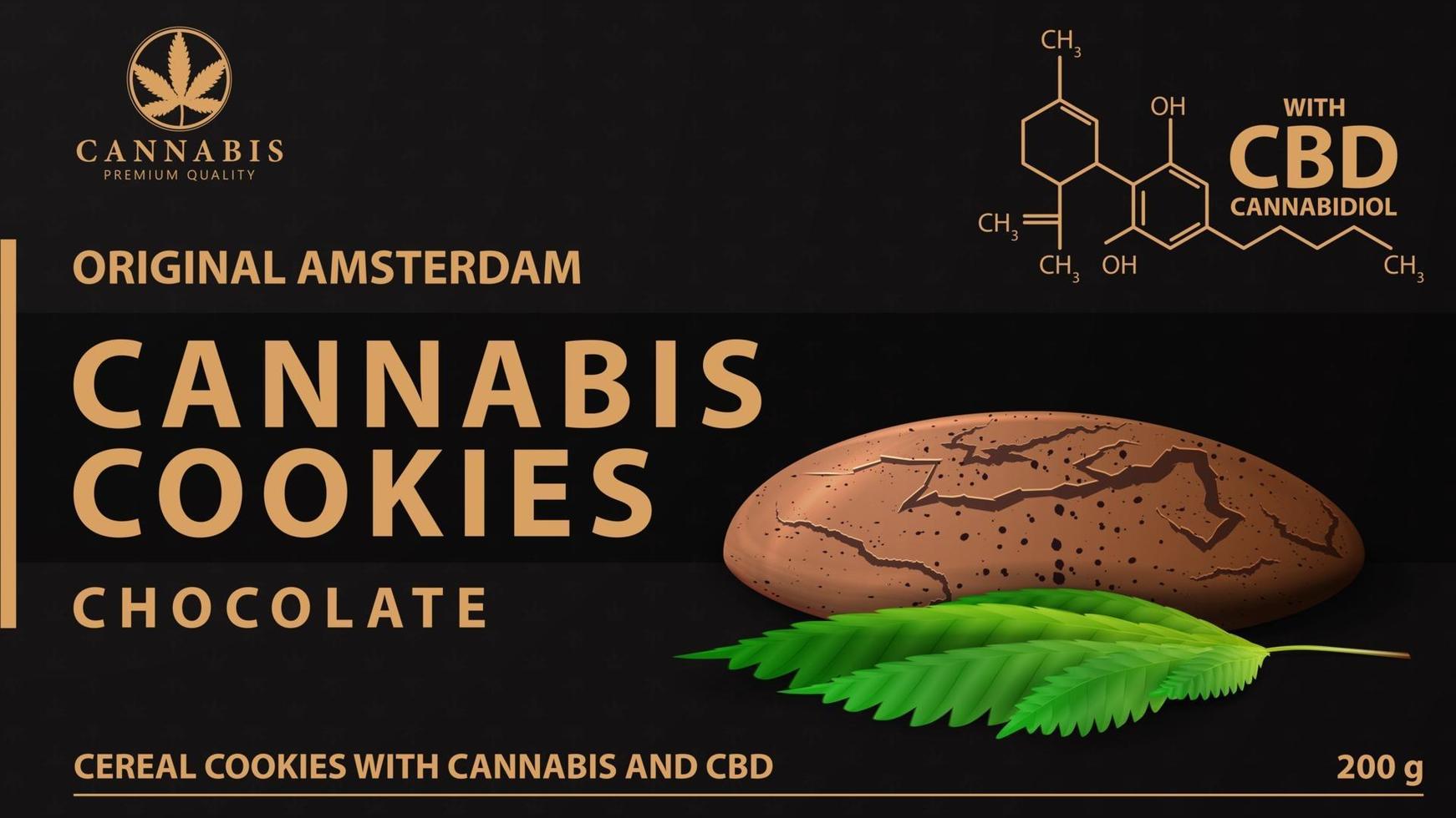 Cannabis cookies, black package with cannabis cookies and marijuana leaf. Black cover design for cannabis products vector