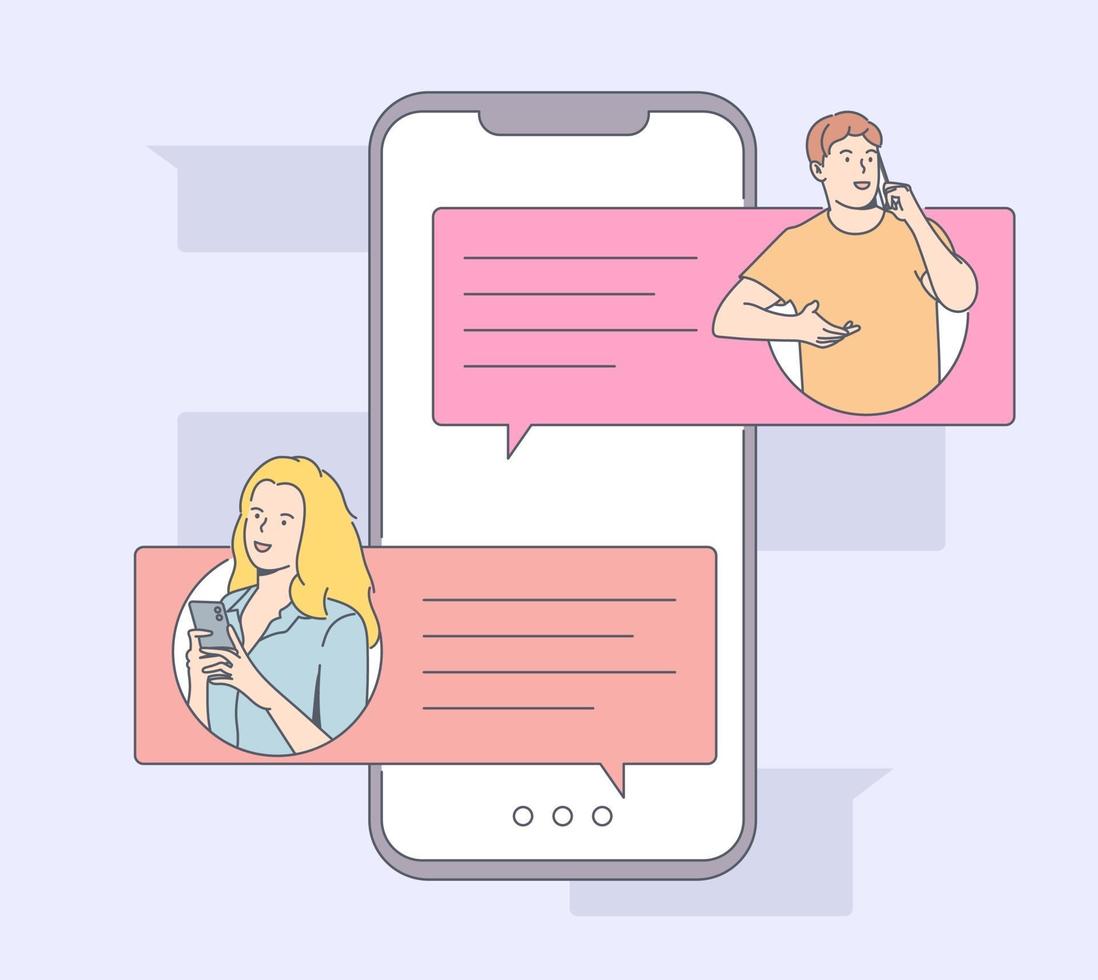 comunicación en línea, redes sociales o concepto de red. hombre, mujer pareja chateando, enviando mensajes usando la aplicación de chat o la red social. vector