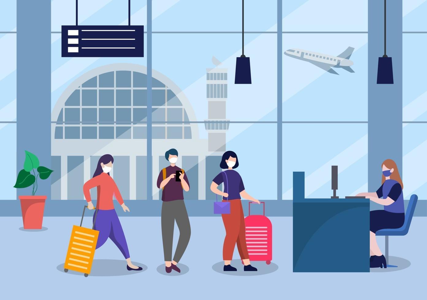 nueva ilustración vectorial normal, las personas con máscaras observan el distanciamiento social en el aeropuerto interior vector