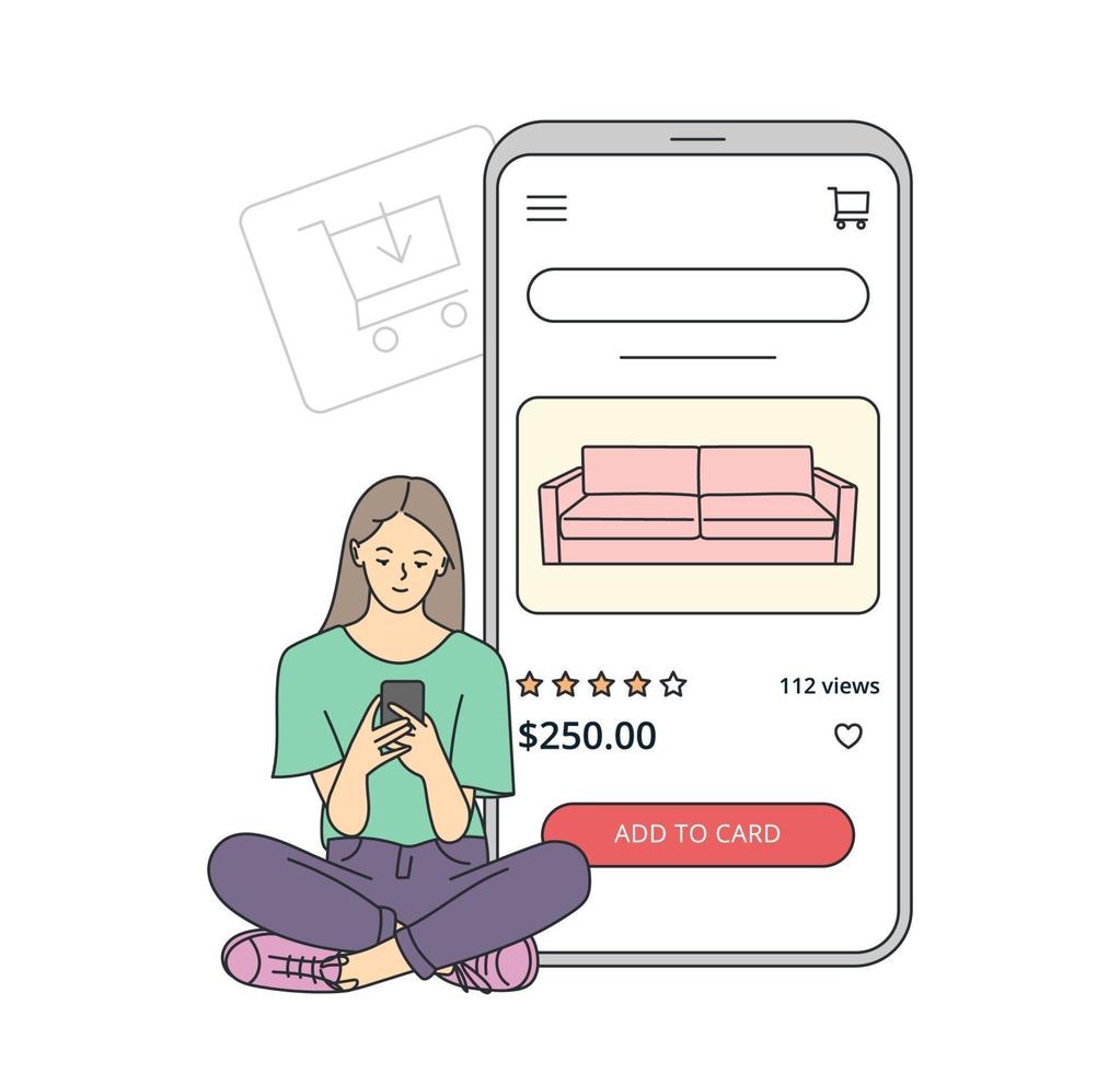 E-commerce on smartphone concept. Young woman makes purchases via phone online, choosing product. Shopping cart with furniture.  Flat vector illustration