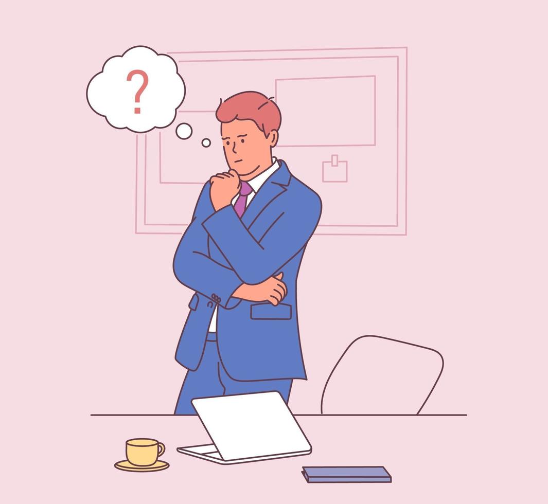 Business, work, success, thought, problem concept. Pensive businessman with thought bubbles overhead. Flat vector illustration