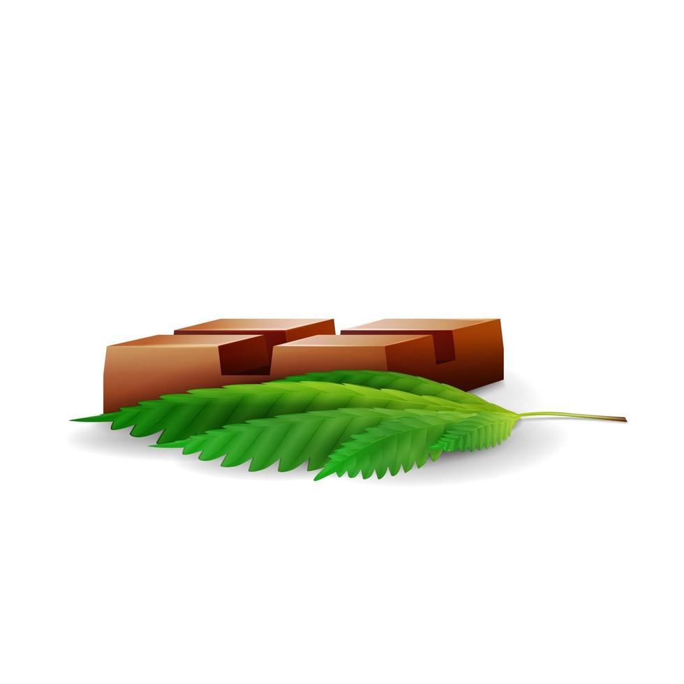 barra de chocolate con hojas de cannabis en estilo de dibujos animados volumétrico aislado sobre fondo blanco. barra de chocolate con cbd vector