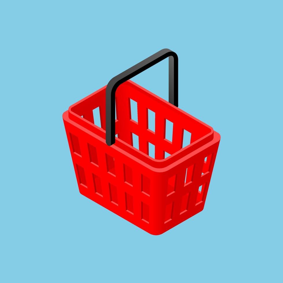 Isometric 3d supermarket shopping basket for convenience store shop isolated on light blue background. vector