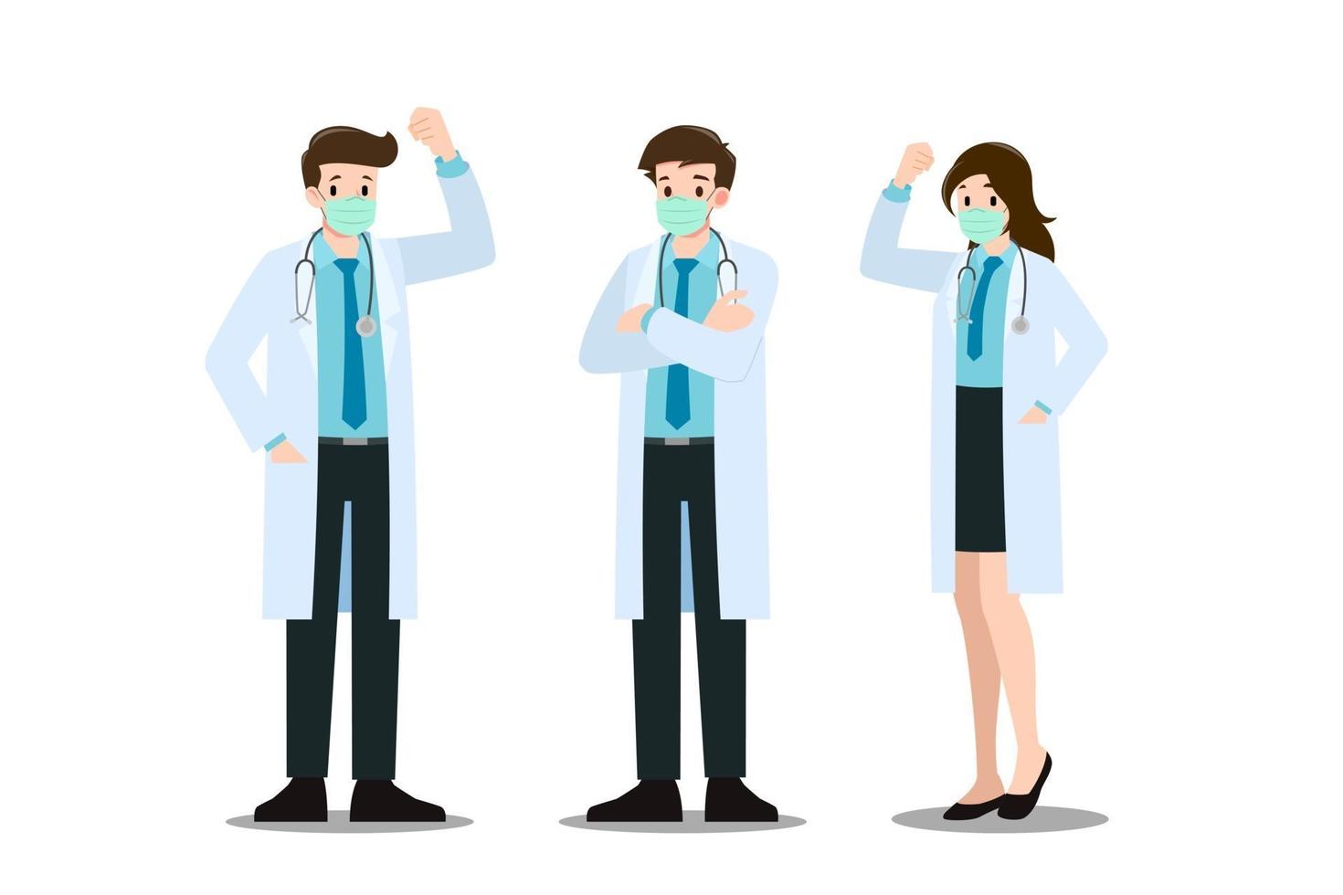 un conjunto de hombre y mujer en poses alegres, con máscara y bata de laboratorio vector