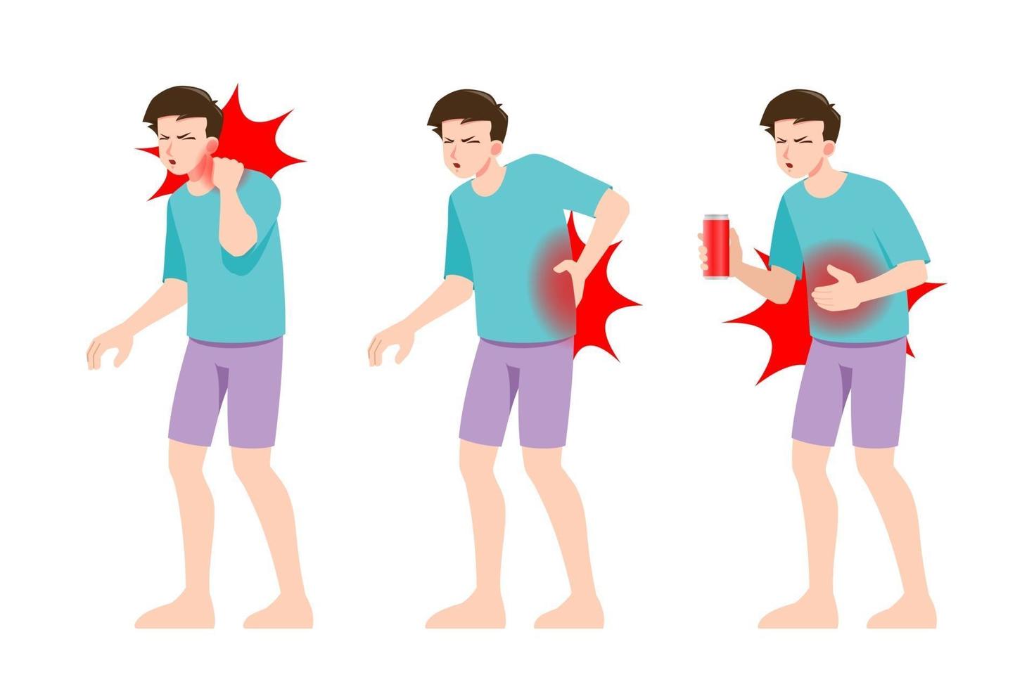 Set of man feeling pain in different parts of body. People in migraine neck and headache, backache and stomachache painful zones. vector