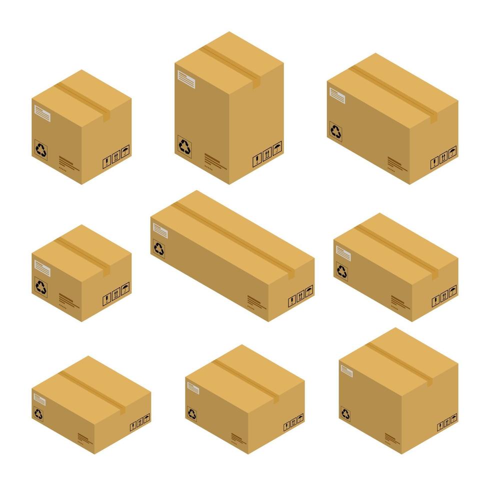 conjunto de cajas de cartón isométricas, paquetes aislados sobre fondo blanco. diseño plano de ilustración vectorial. vector