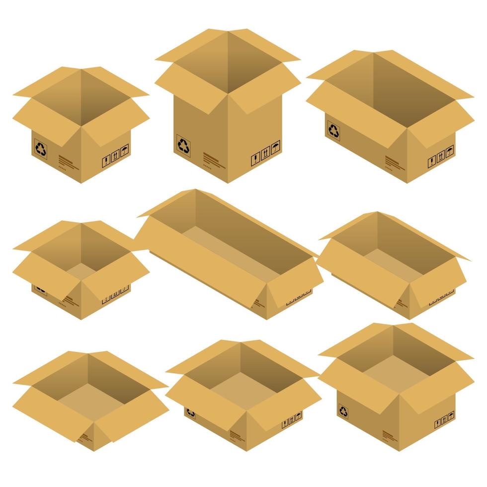 conjunto de cajas de cartón abiertas isométricas, paquetes aislados sobre fondo blanco. diseño plano de ilustración vectorial. vector