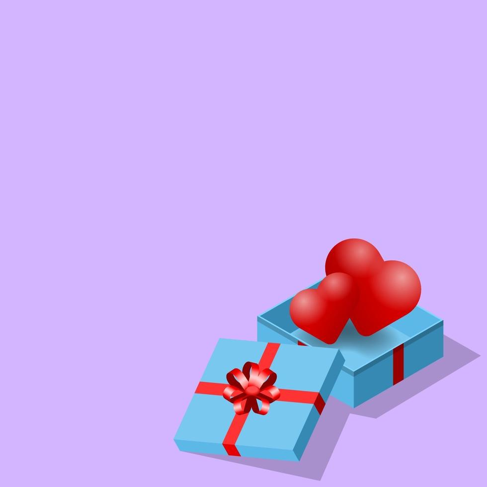 Corazones 3d isométricos en una caja de regalo azul, un hermoso regalo para el tema del día de San Valentín sobre fondo púrpura vector