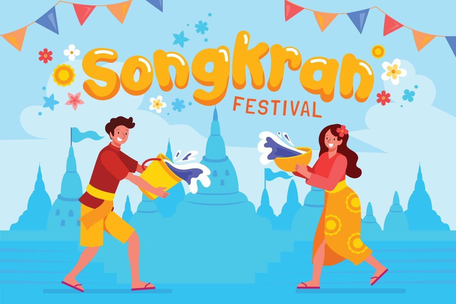 Man and Woman Splashing Water on Songkran Festival vector