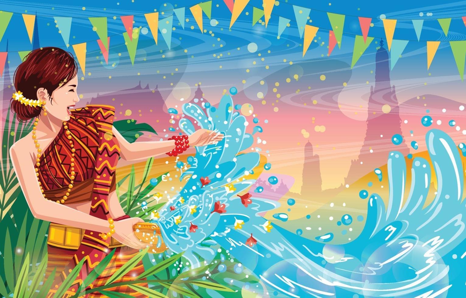 Songkran Woman Splashing Water Background Concept vector