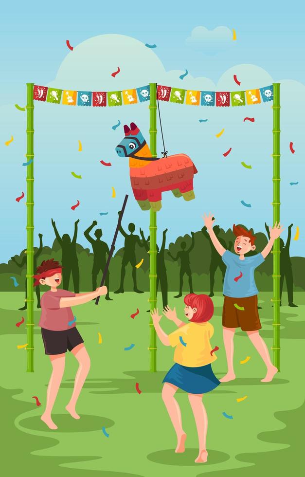 un grupo de niños juegan piñata vector