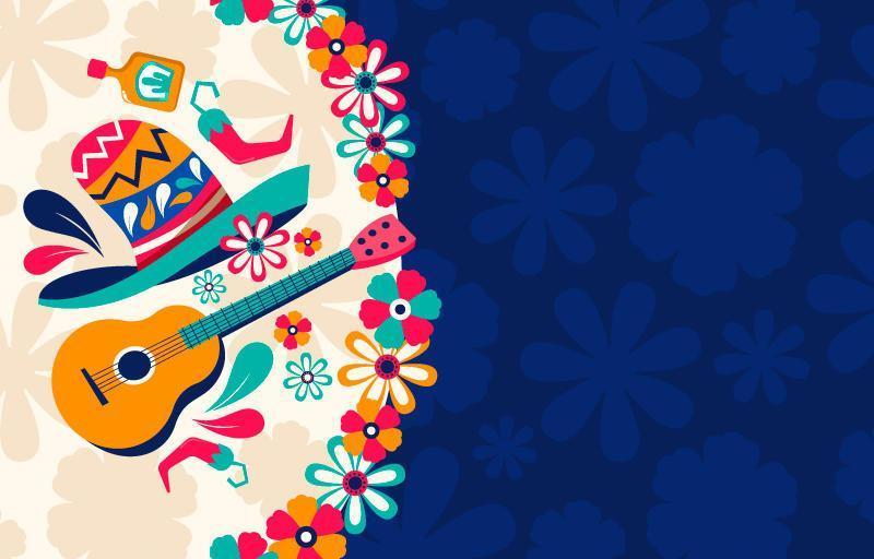 sombrero y guitarra con adorno floral vector