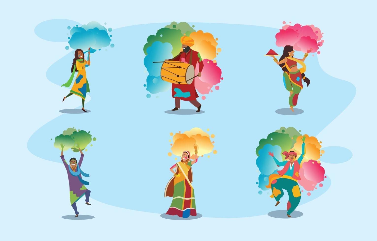 personajes de trajes tradicionales de la india en la celebración holi vector