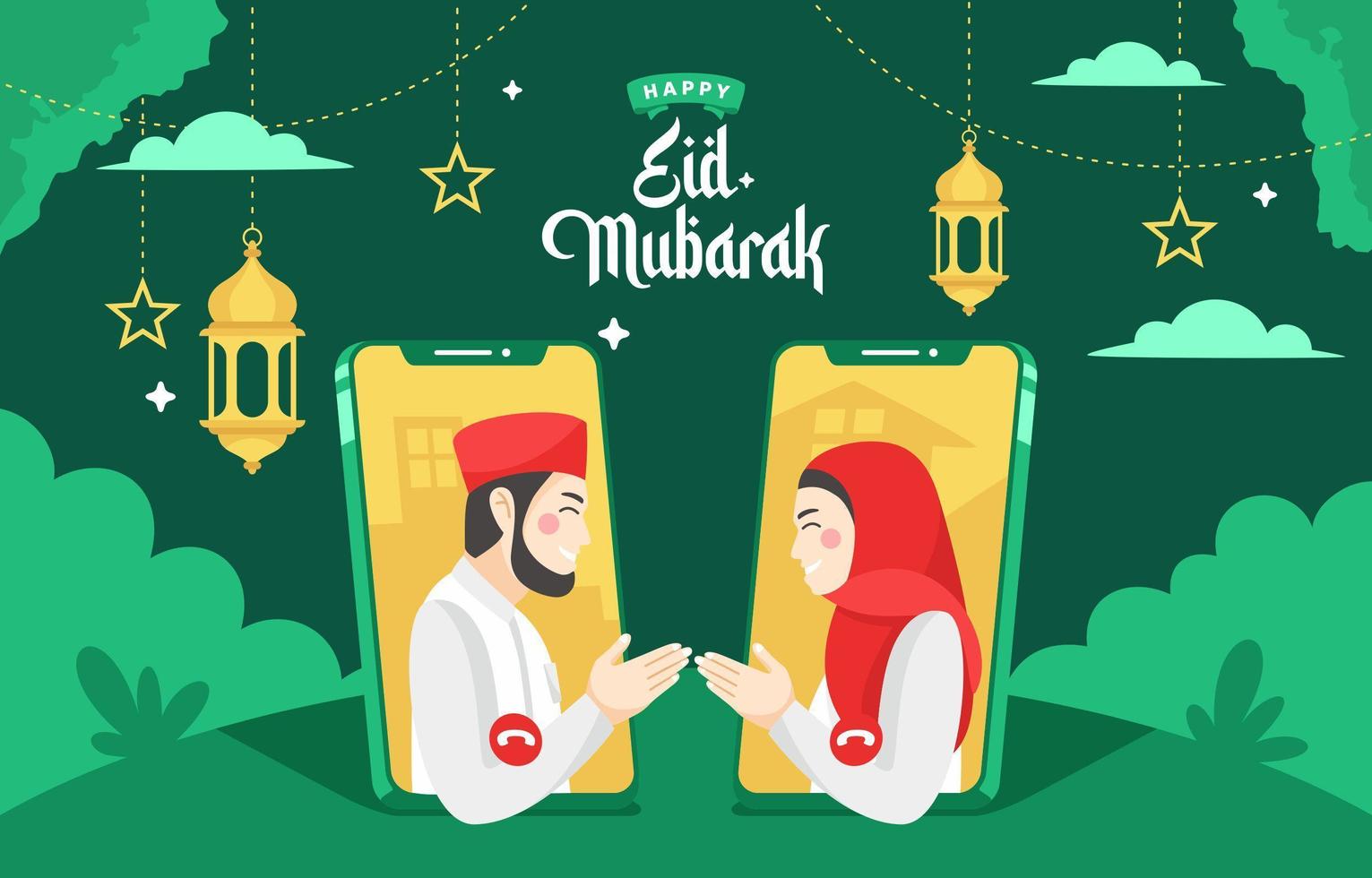 People Give Eid Greetings by Video Call vector