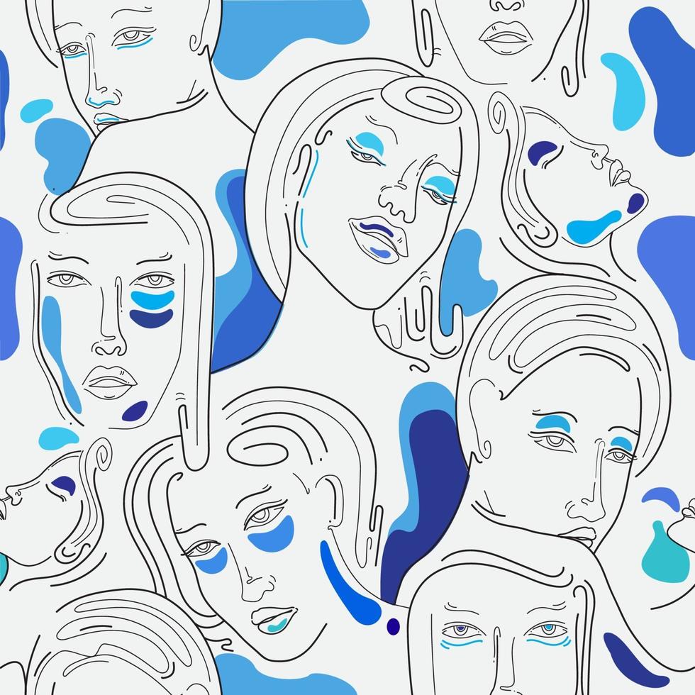 One Line Art Seamless Pattern Woman in Blue vector