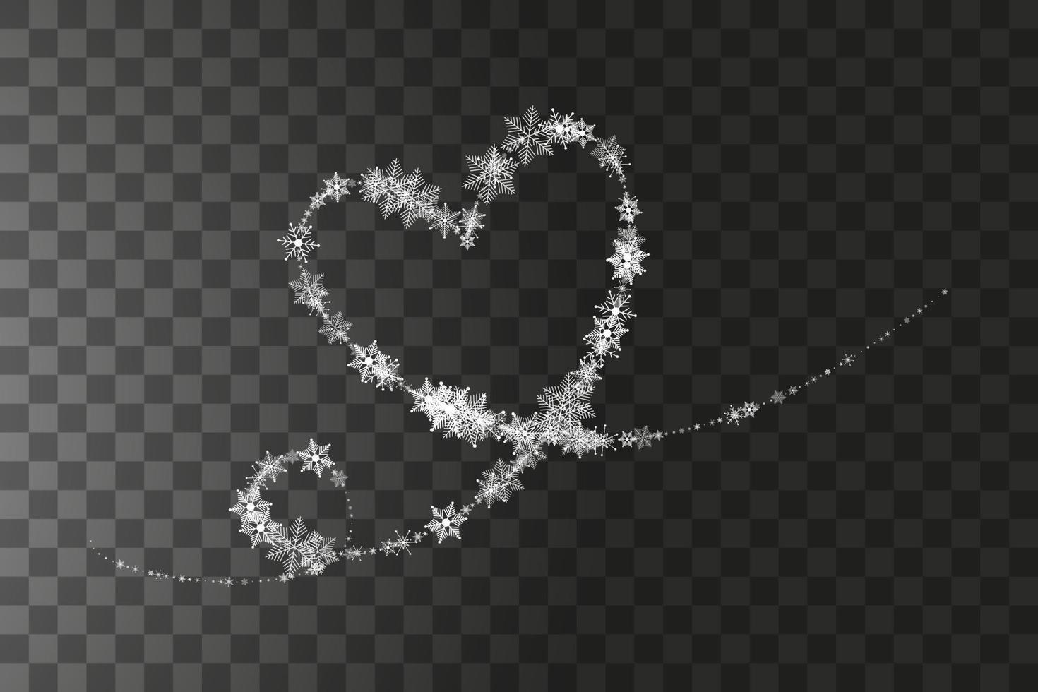 Heart shaped snowflakes in a flat style in continuous drawing lines. Trace of white dust. Magic abstract background isolated on background. Miracle and magic. Vector illustration flat design.