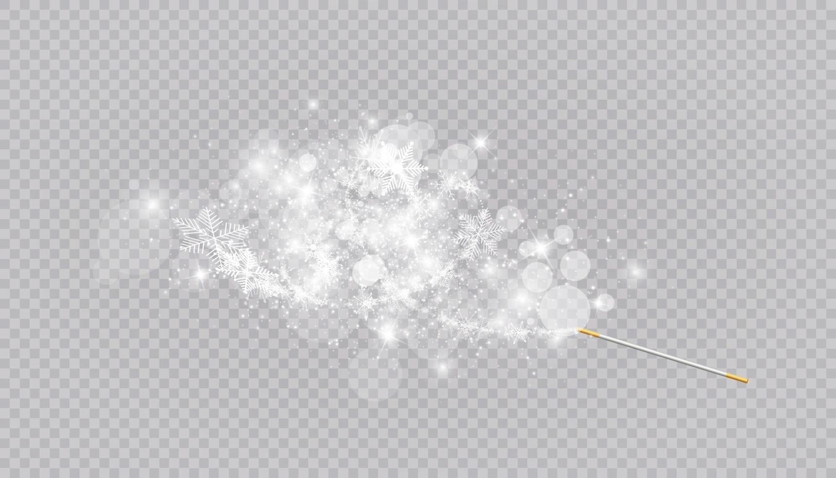 Magic wand with heart shaped snowflakes in a flat style in continuous drawing lines. Trace of white dust. Magic abstract background isolated on on transparent background. Miracle and magic. Vector illustration flat design.