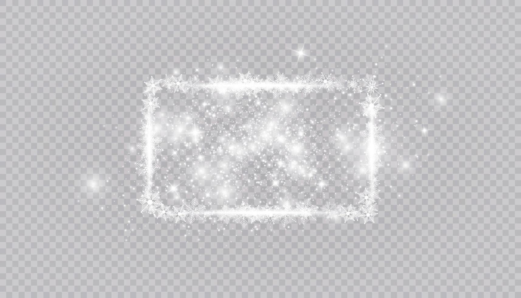 Rectangular winter snow frame border with stars, sparkles and snowflakes background. Festive christmas banner, new year greeting card, postcard or invitation vector illustration