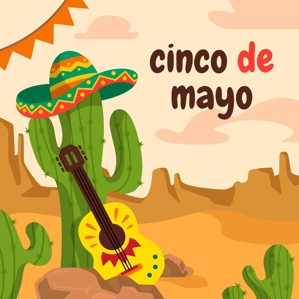 guitarra y cactus en cinco de mayo vector