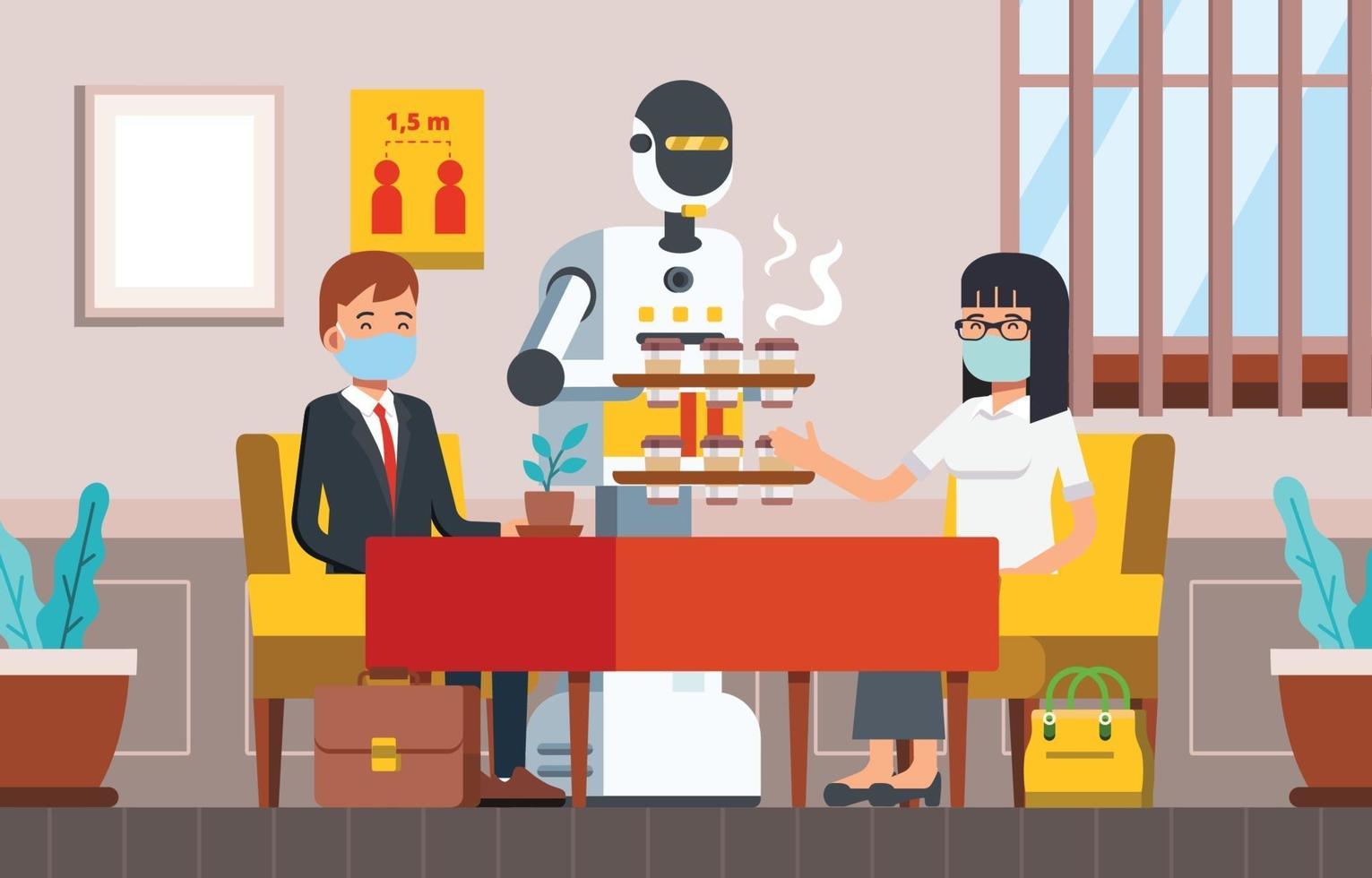 People Take Coffee from Robot Waiter in Coffeeshop vector