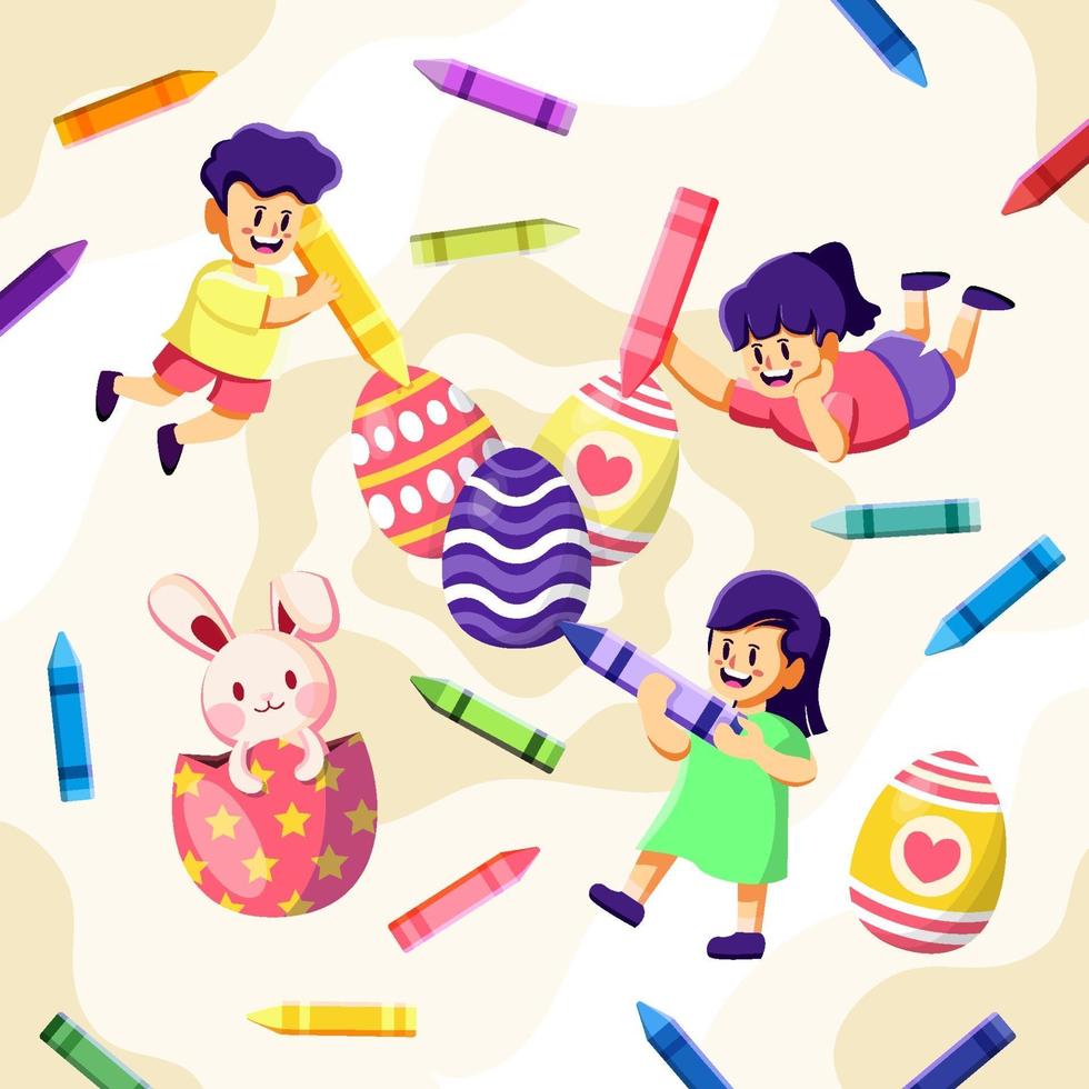 niños dibujando huevos de pascua con crayones de colores vector