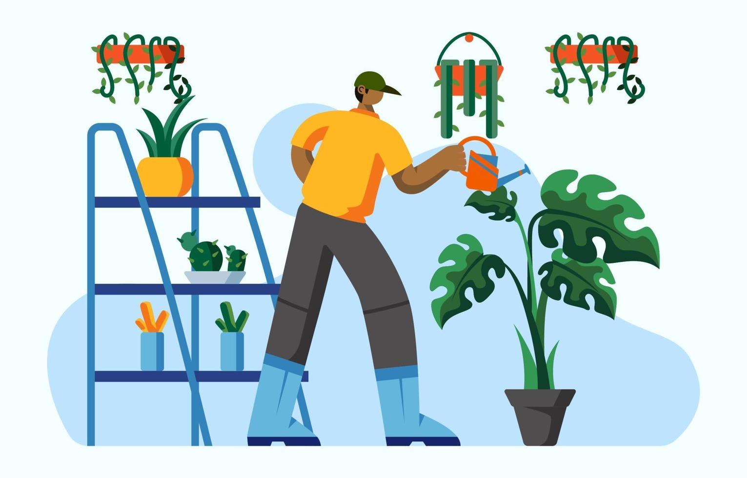 actividad divertida de regar las plantas en casa. vector