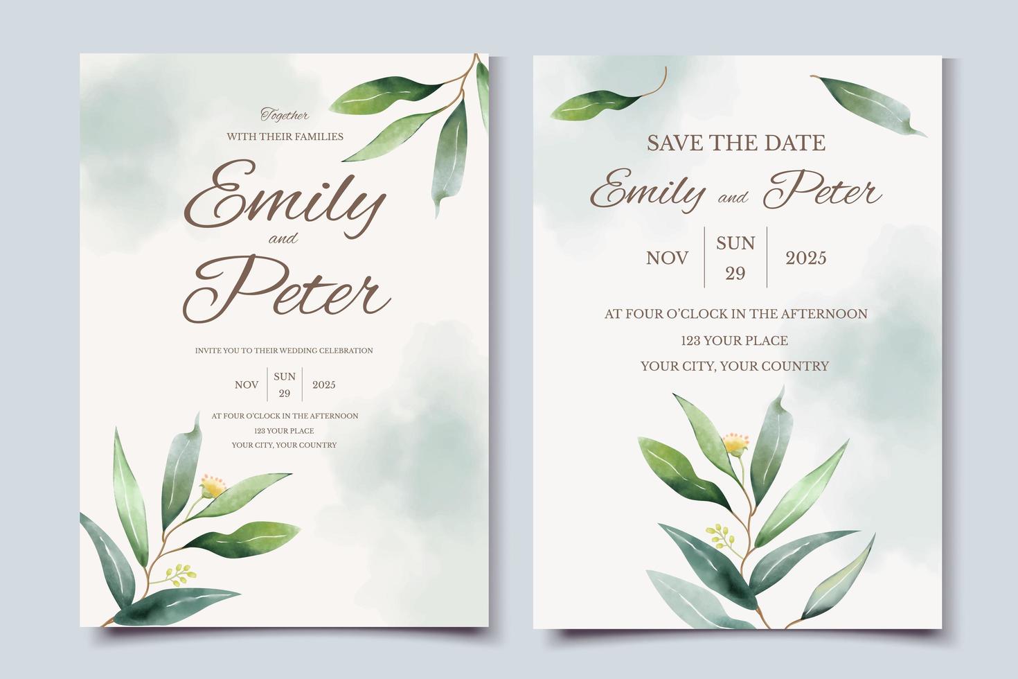 Plantilla de tarjeta de invitación de boda verde con hojas de eucalipto de acuarela vector