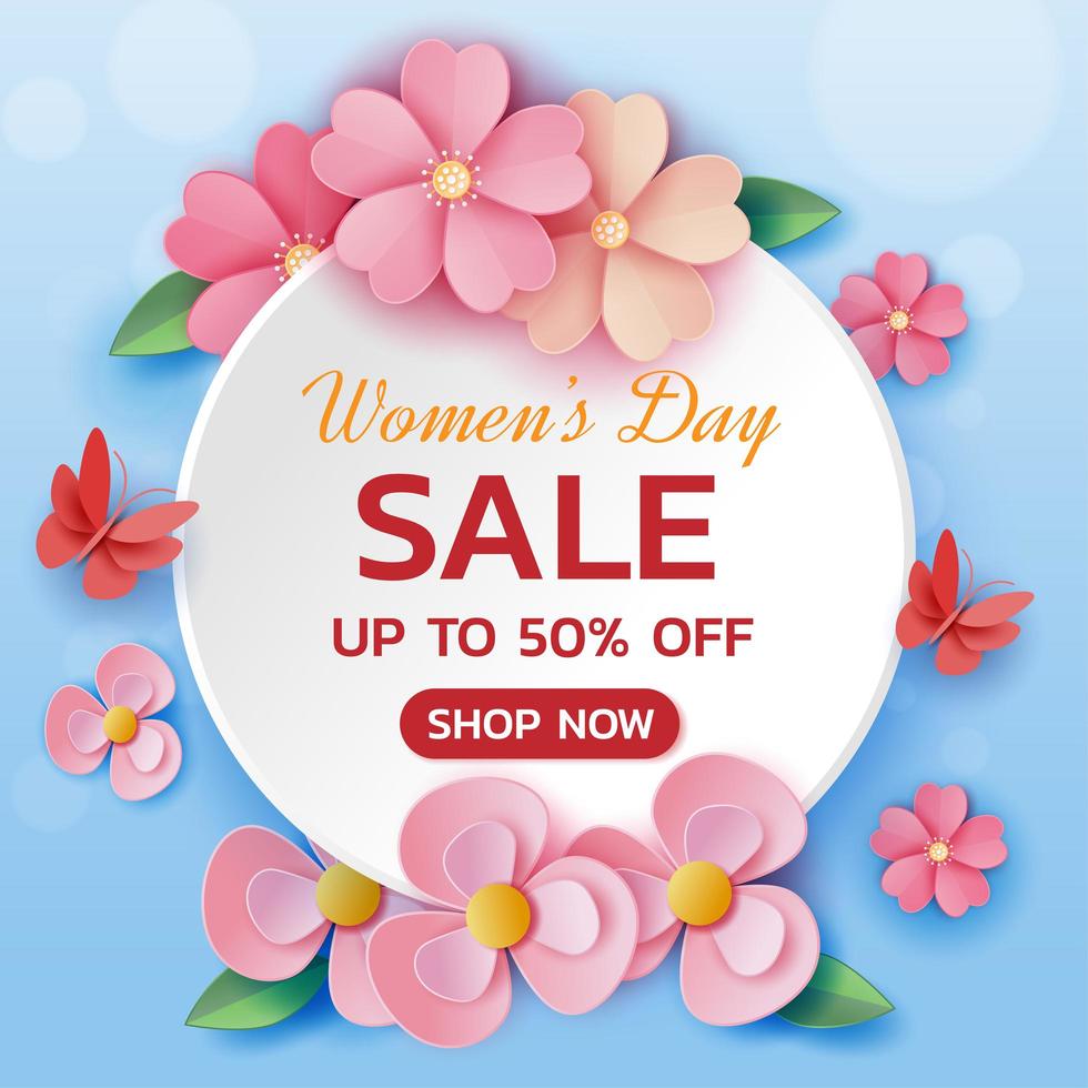Happy women's day sale with paper art flowers illustration vector