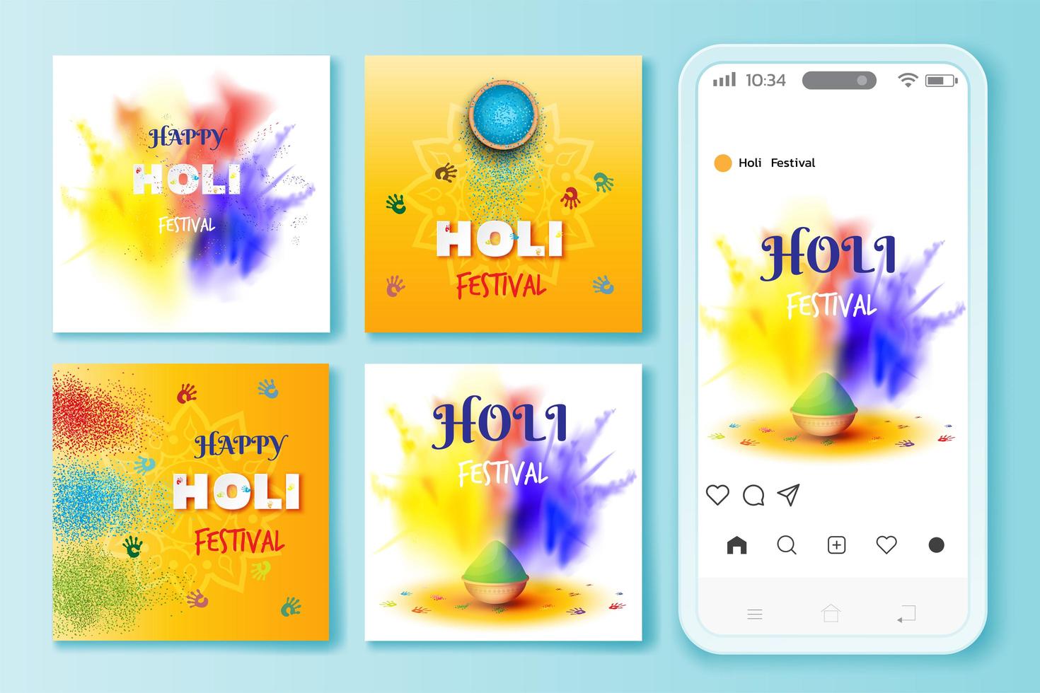 Holi festival social media posts illustration vector