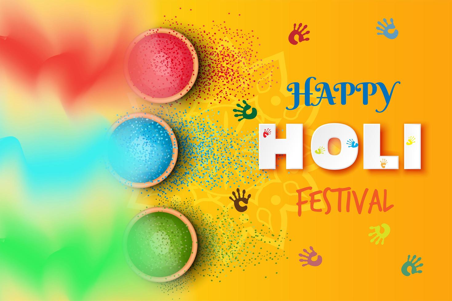 festival holi realista con huellas de manos e ilustración gulal vector