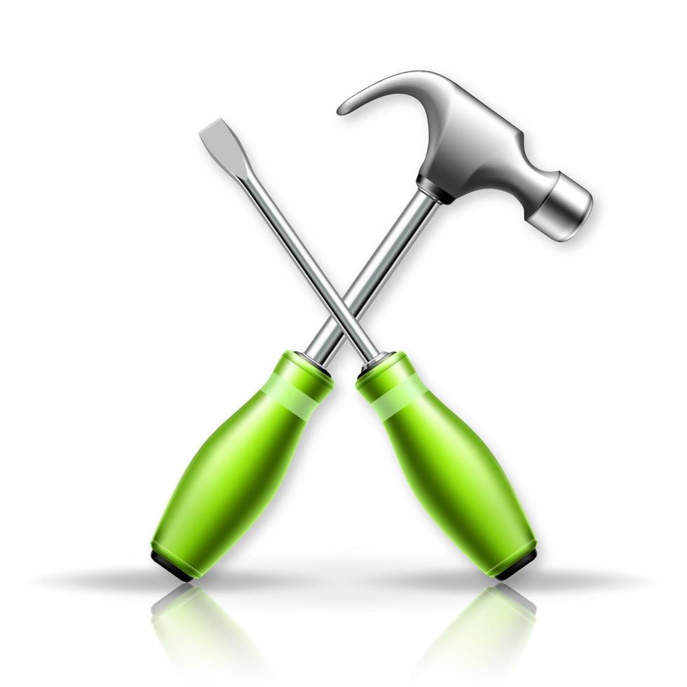 3d vector illustration. Screwdriver and hammer. Isolated Master tools on white background.