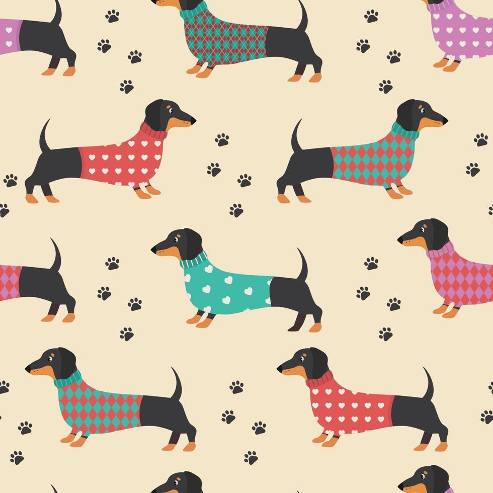 patrones sin fisuras con perros salchicha en ropa y estampados de perros. ilustración vectorial. vector