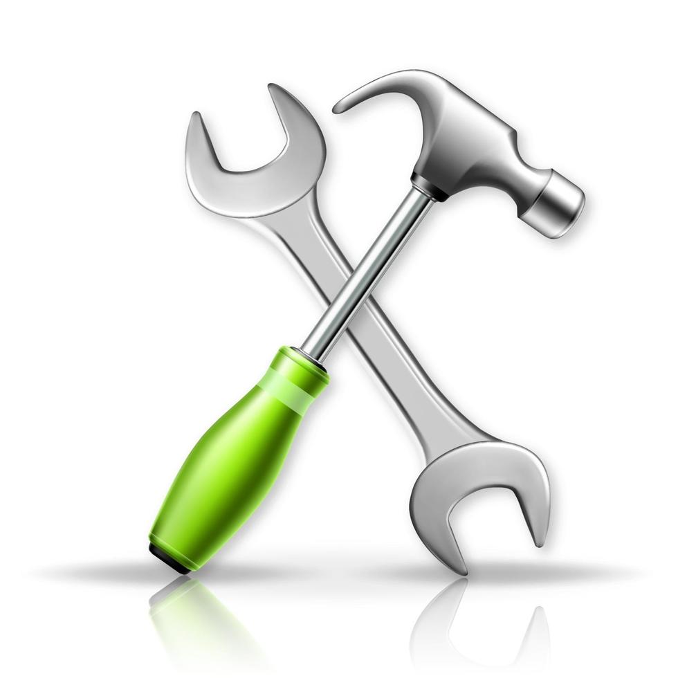 3d vector illustration. Hammer and wrench. Isolated Master tools on white background.