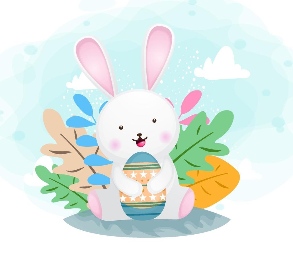 Cute happy smiling bunny hugging easter egg vector