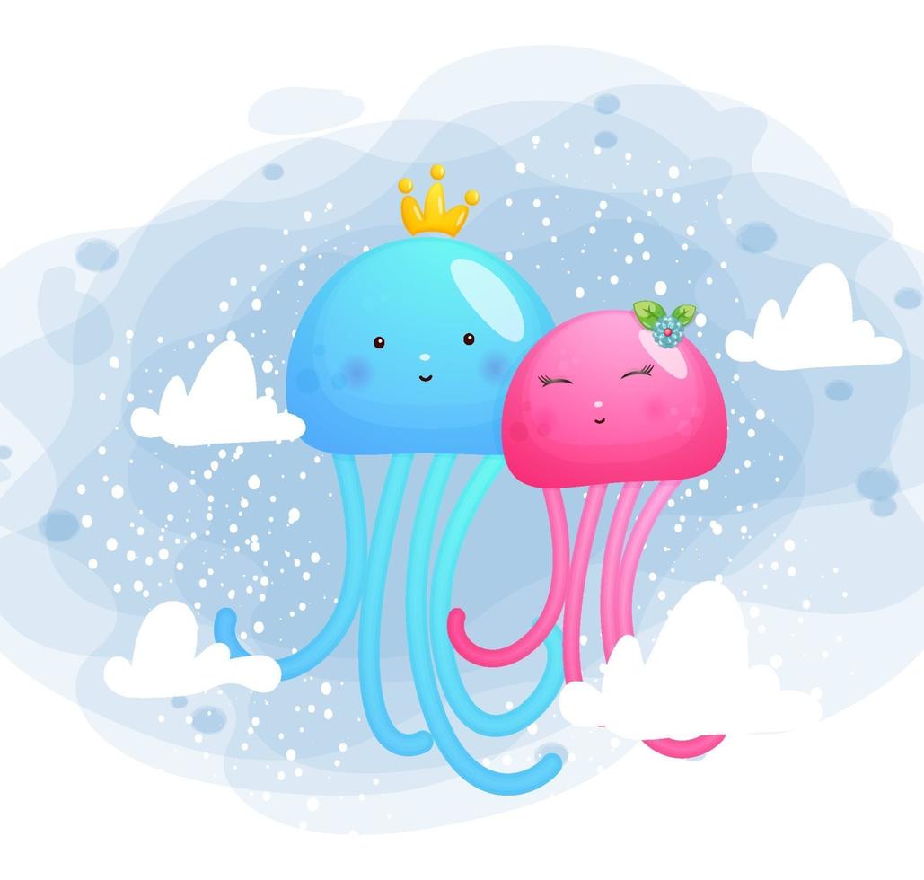 linda y dulce ilustración de pareja de medusas vector