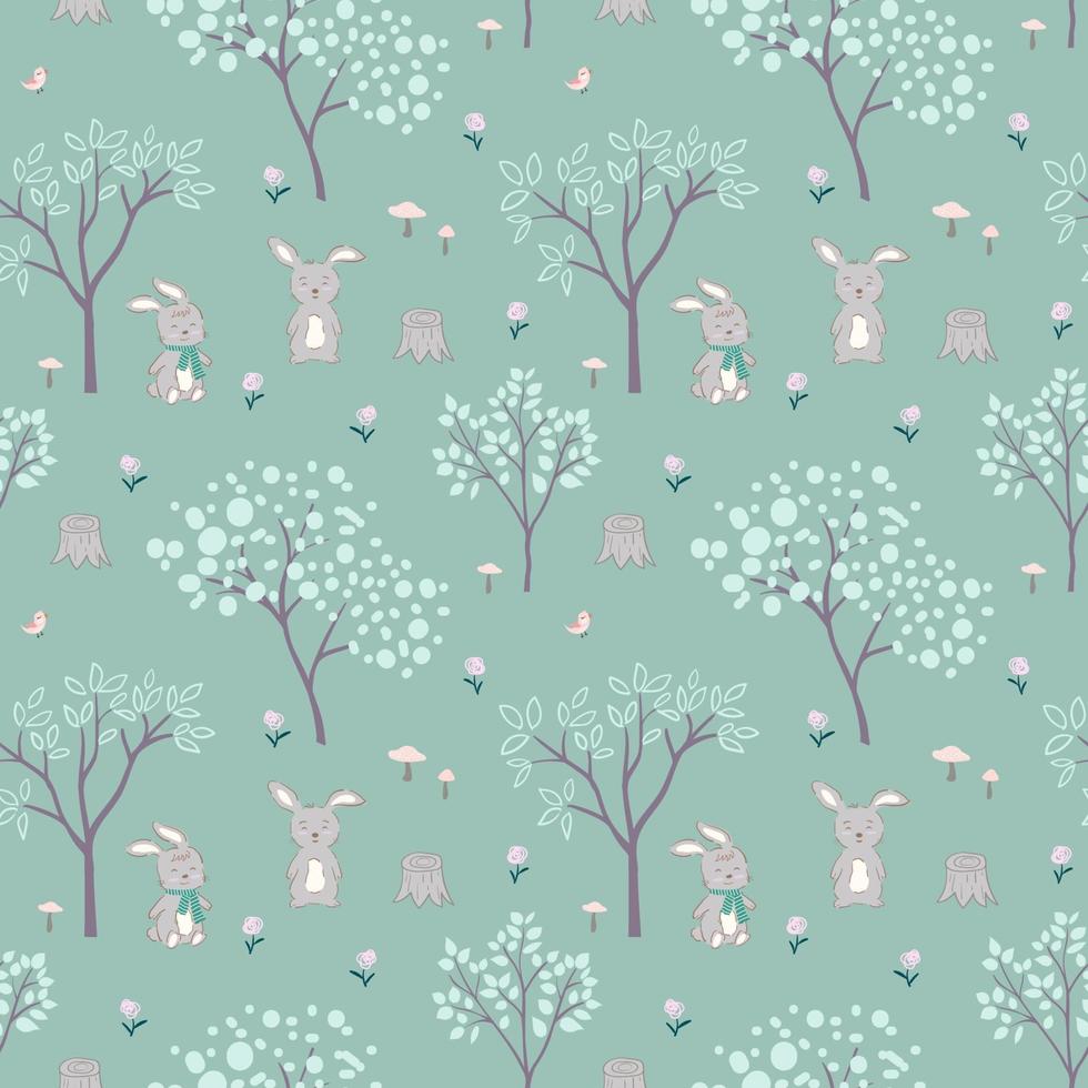 Easter seamless pattern with hand drawn cute bunnies happy on green background vector