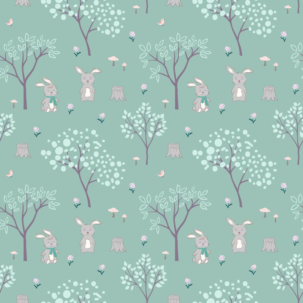 Easter seamless pattern with hand drawn cute bunnies happy on green background vector