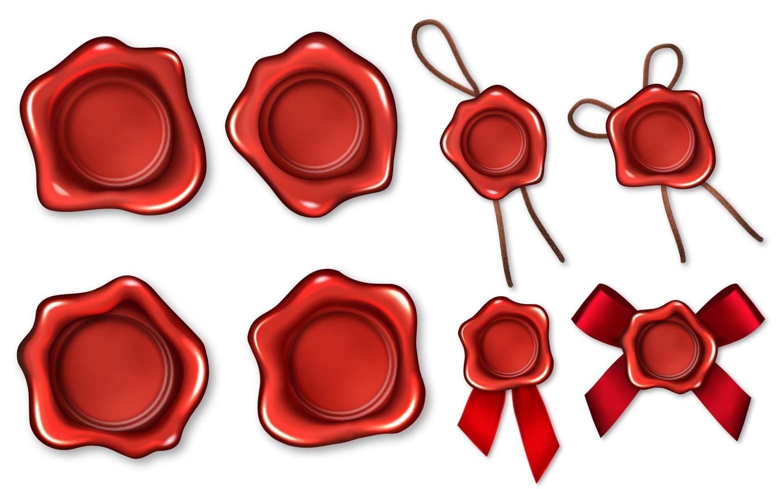 Realistic 3d Red Wax Seals Rope Ribbons Set Symbol of Quality, Guarantee or Secret. Vector illustration