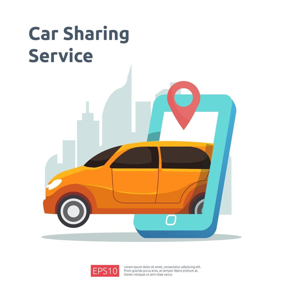 Car sharing illustration concept. online taxi or rent transportation using smartphone service application with character and route points location on gps map for landing page, banner, web, UI, flyer vector
