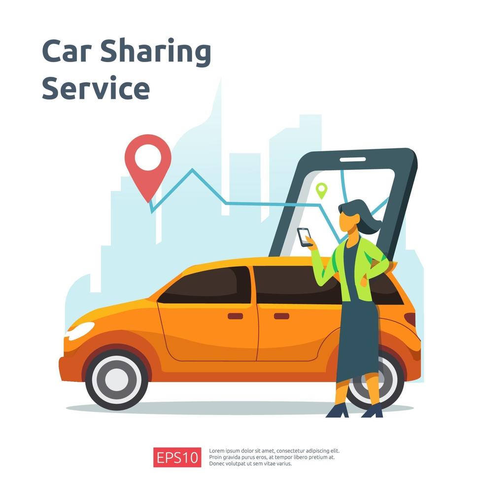Car sharing illustration concept. online taxi or rent transportation using smartphone service application with character and route points location on gps map for landing page, banner, web, UI, flyer vector