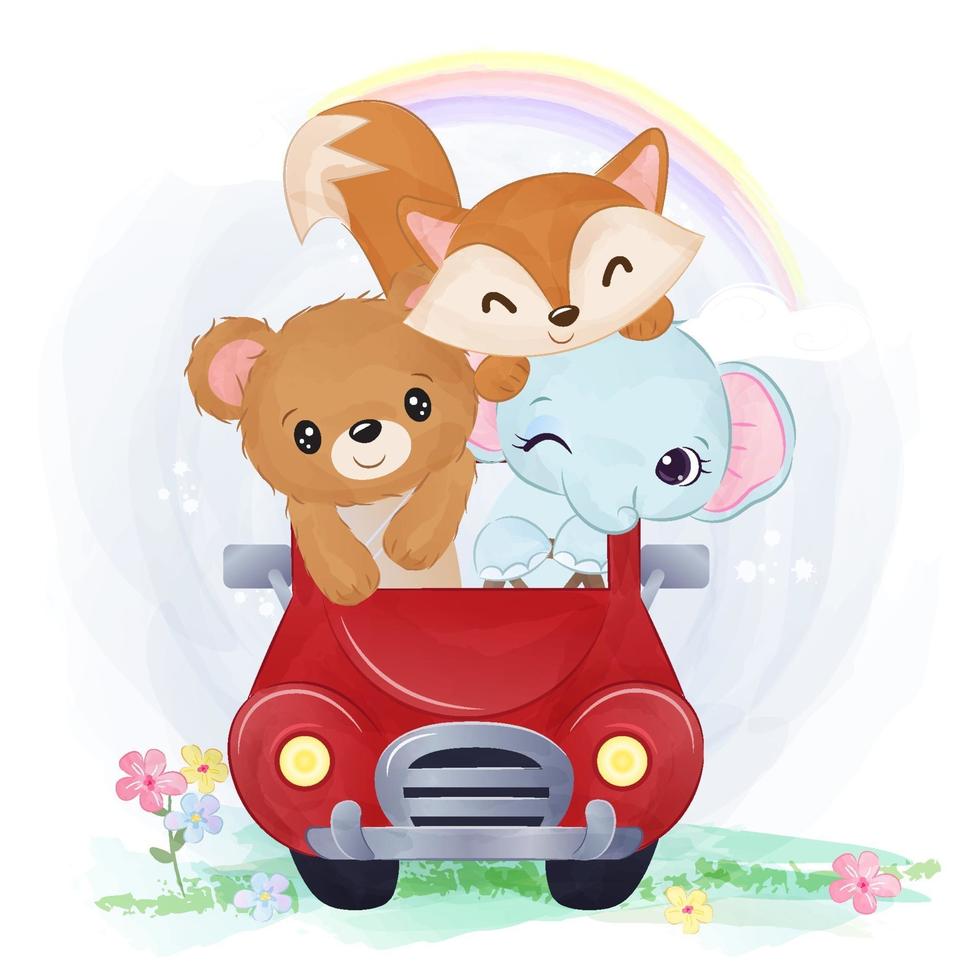 Cute animals in car illustration in watercolor vector