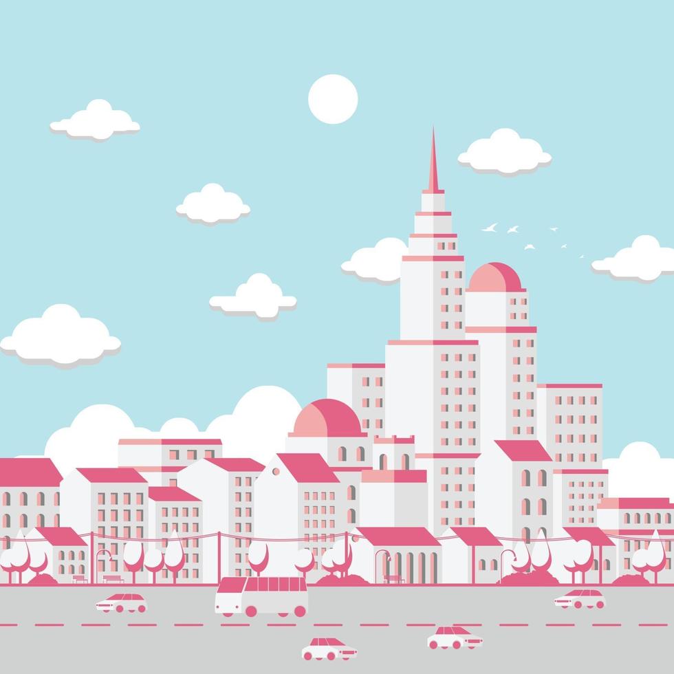 Ilustración de la ciudad con nubes y cielo azul, vista de edificio isométrico. vector. vector