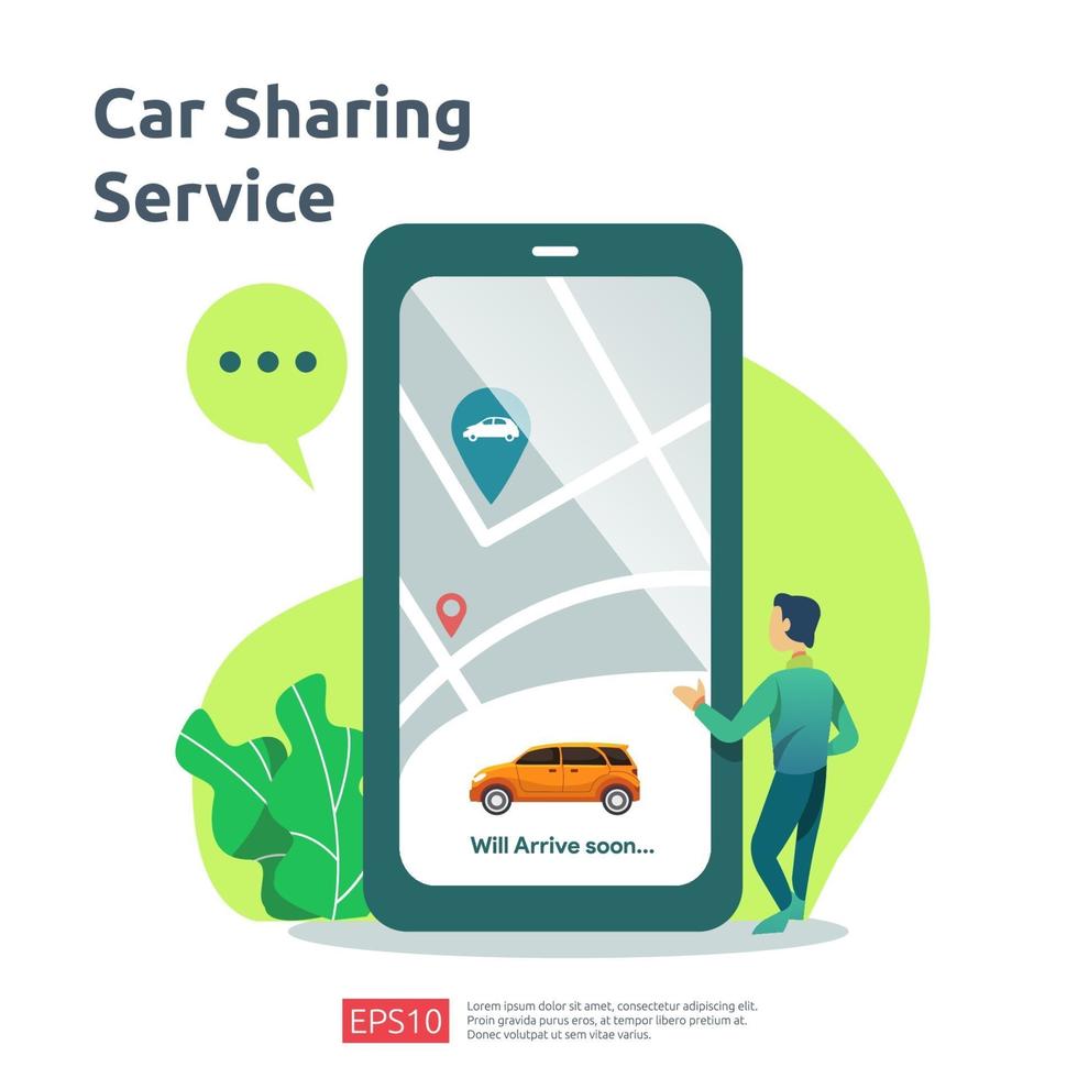 concepto de ilustración de coche compartido. taxi en línea o alquiler de transporte utilizando la aplicación de servicio de teléfono inteligente con ubicación de puntos de ruta y carácter en el mapa gps para la página de destino, banner, web, interfaz de usuario, folleto vector