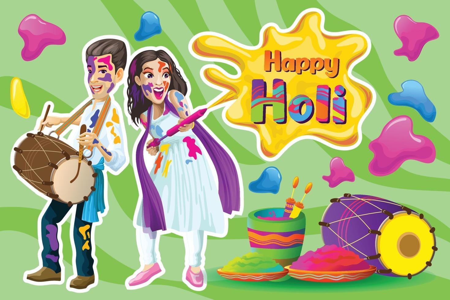 Holi greetings with joyful Indian dancers vector