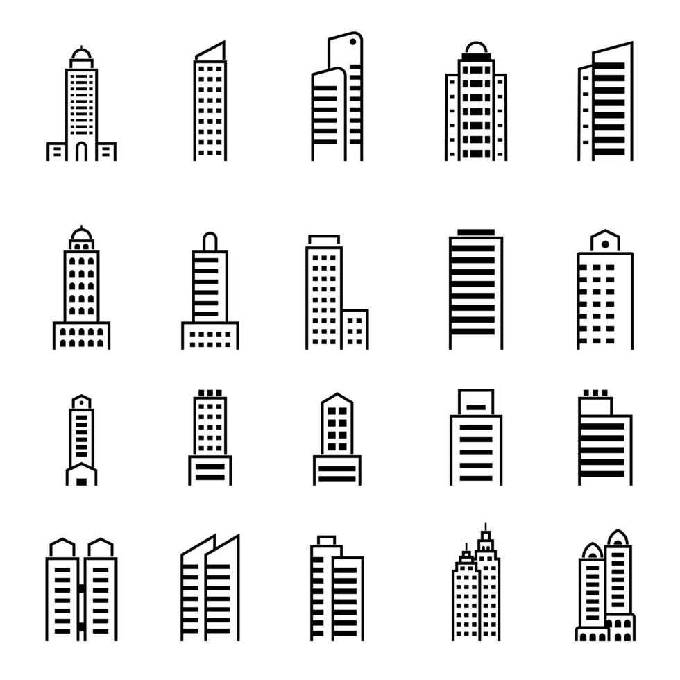 conjunto de icono de edificio plano mínimo, ilustración vectorial. vector