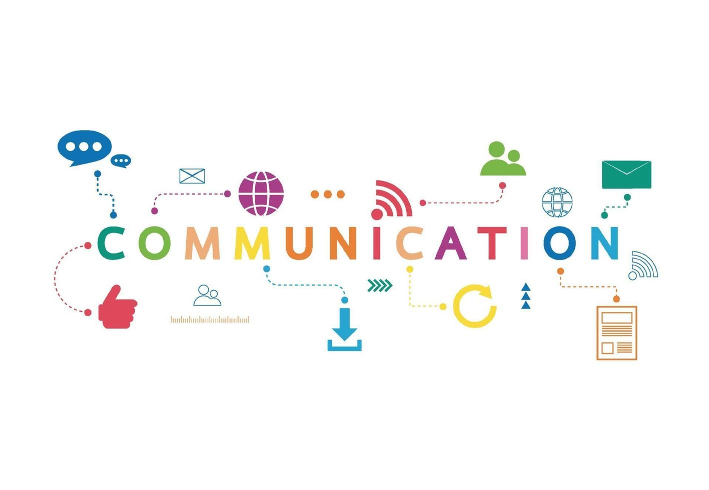 Vector illustration of a communication concept. The word communication with colorful icons